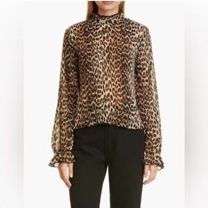GANNI Leopard Print Ruffle Pleated Georgette Blouse Top Sz 42/10/12